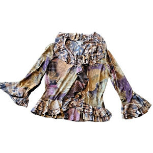 Alberto Makali Top ruffled neckline XL Plus Purple Abstract Print
